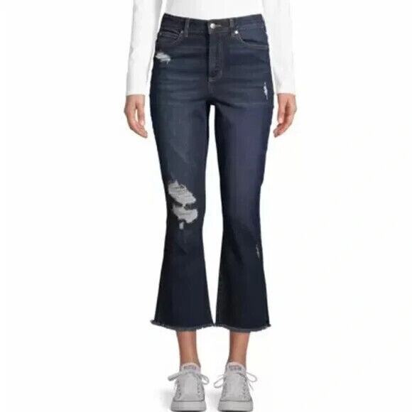 No Boundaries Junior's High Rise Cropped Flare Wash Blue Distressed Size 13 - Picture 4 of 9